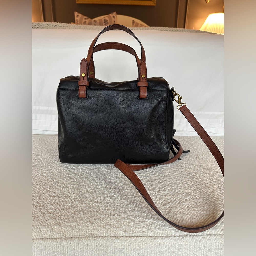 Fossil Genuine Leather Satchel | Black & Brown | Crossbody Bag